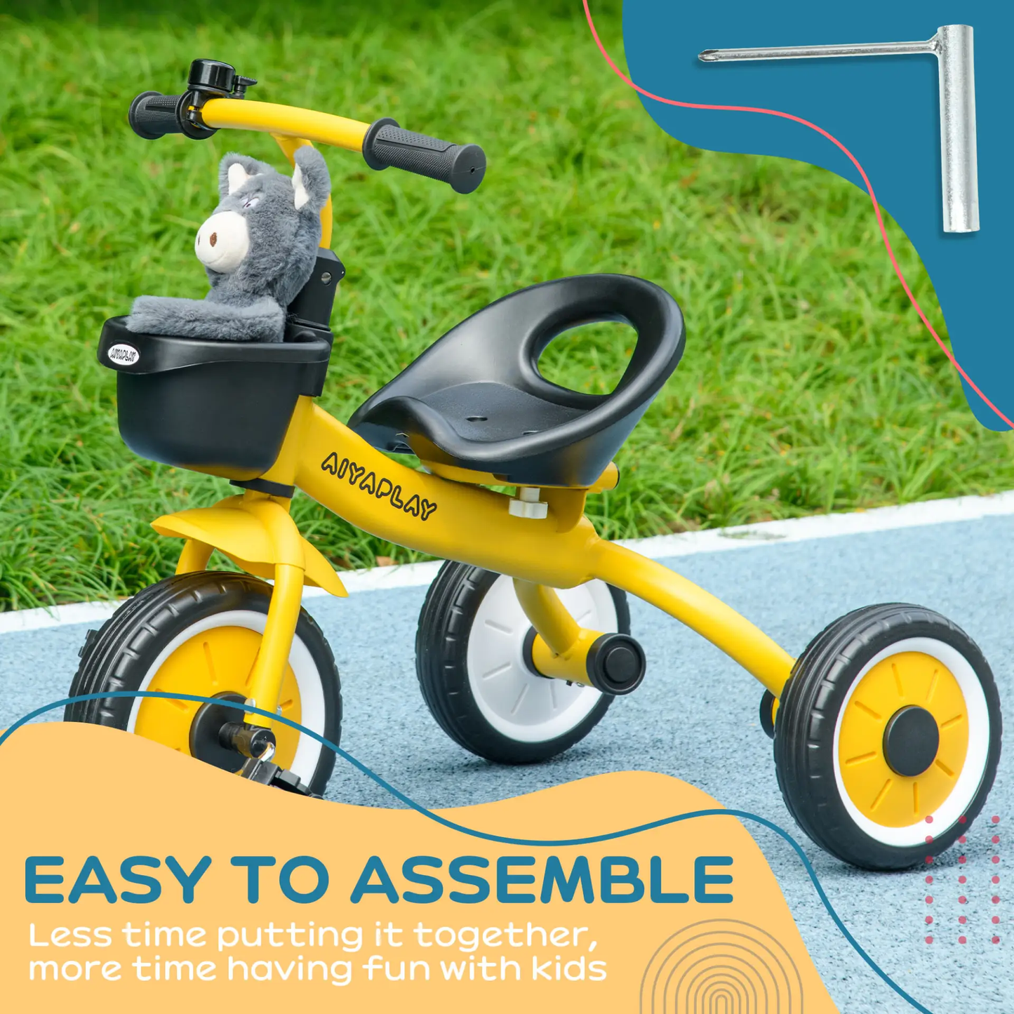 AIYAPLAY Kids Trike, Tricycle, with Adjustable Seat, Basket, Bell, for Ages 2-5 Years - Yellow by All Mart Bristol Ltd