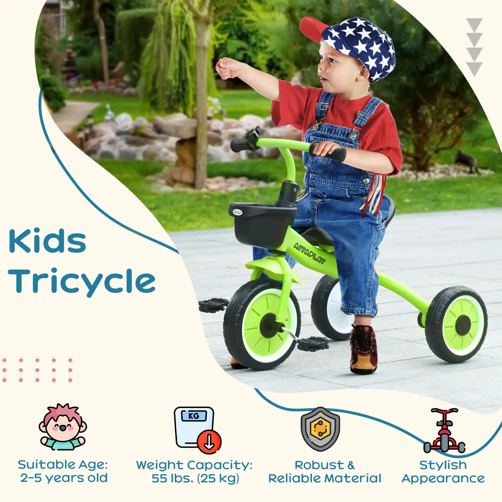 AIYAPLAY Kids Trike, Tricycle, with Adjustable Seat, Basket, Bell, for Ages 2-5 Years - Green by All Mart Bristol Ltd