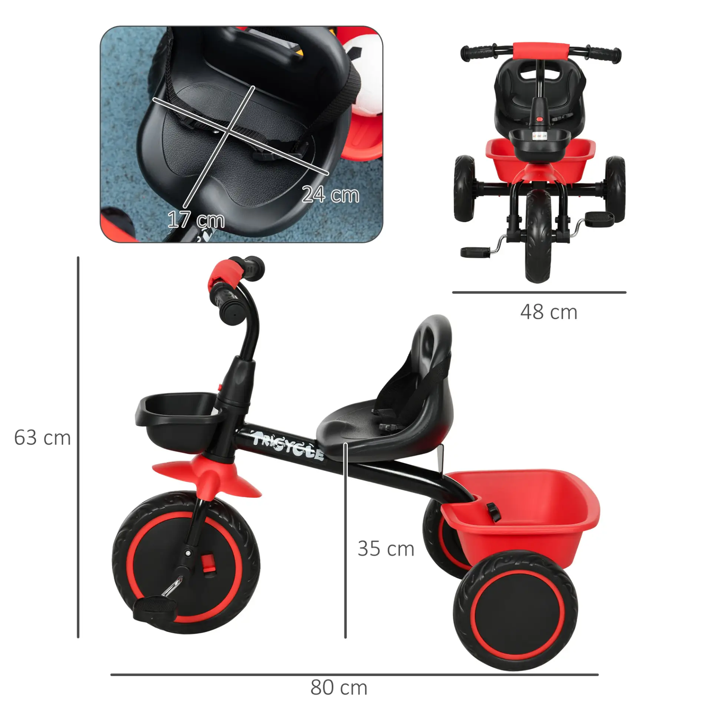 AIYAPLAY Kids Trike for 2-5 Years with Adjustable Seat, Pedal, Baskets, Red by All Mart Bristol Ltd