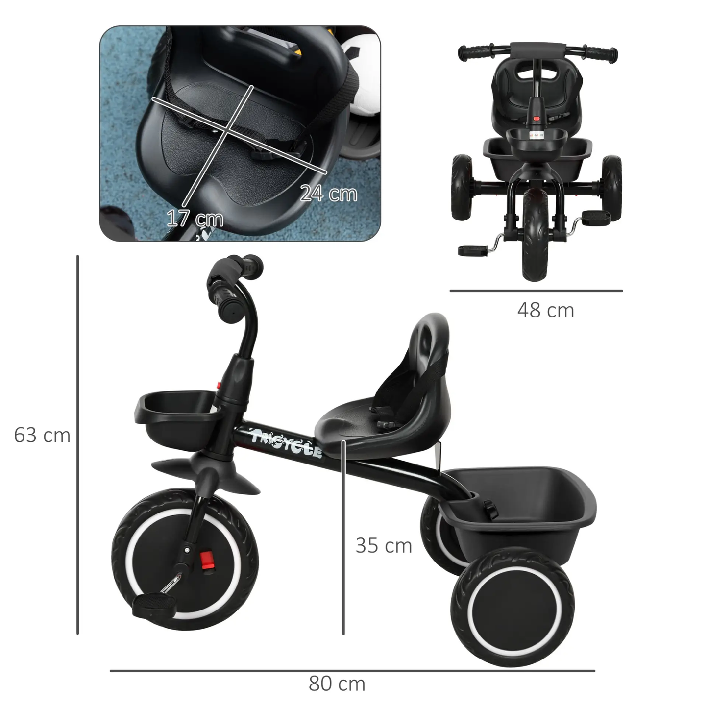 AIYAPLAY Kids Trike for 2-5 Years with Adjustable Seat, Pedal, Baskets, Black by All Mart Bristol Ltd