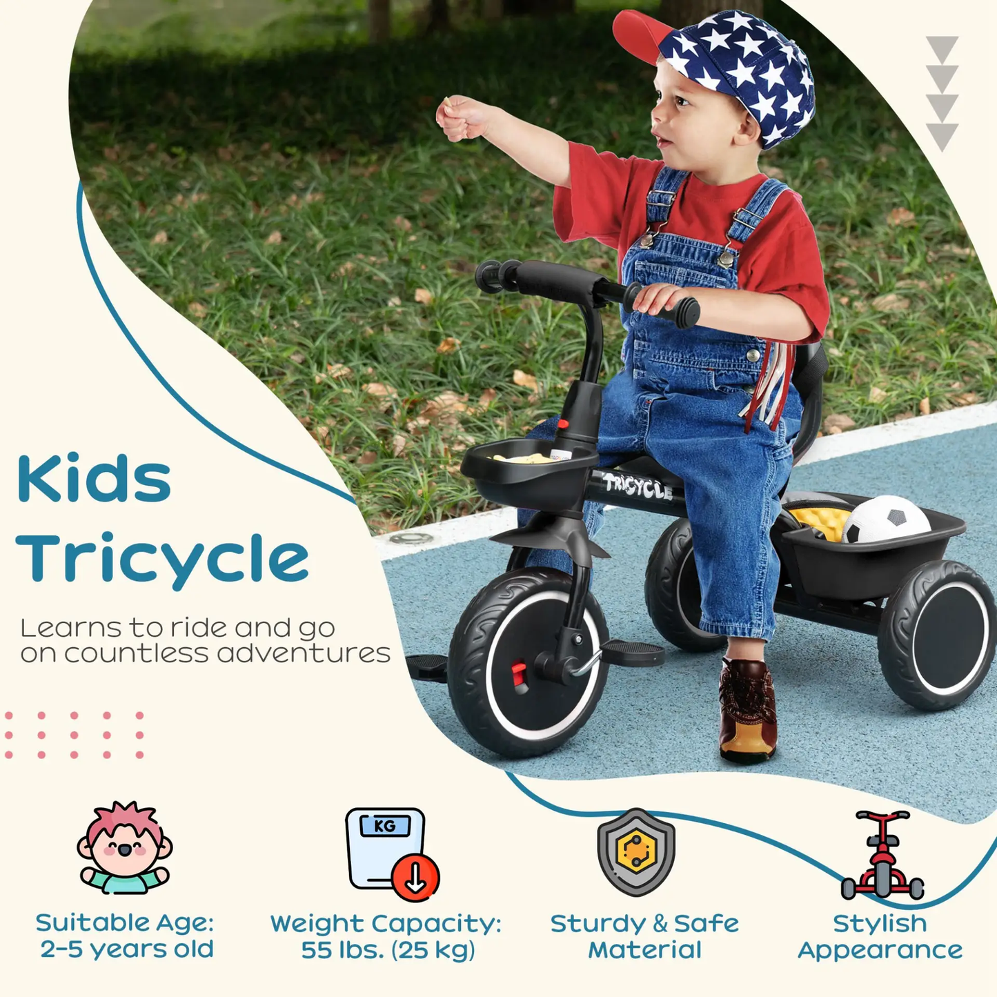 AIYAPLAY Kids Trike for 2-5 Years with Adjustable Seat, Pedal, Baskets, Black by All Mart Bristol Ltd