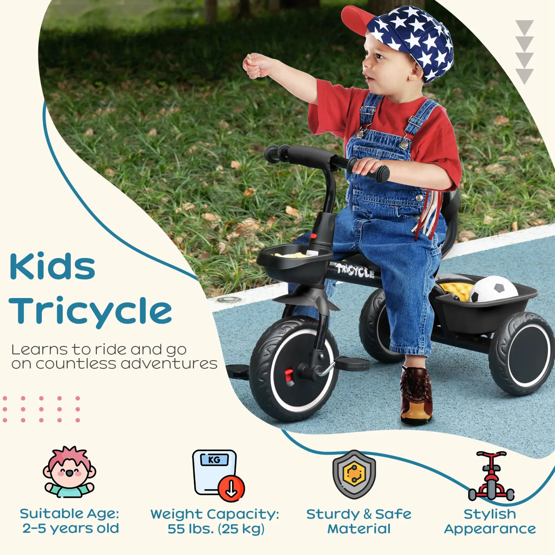 AIYAPLAY Kids Trike for 2-5 Years with Adjustable Seat, Pedal, Baskets, Black by All Mart Bristol Ltd