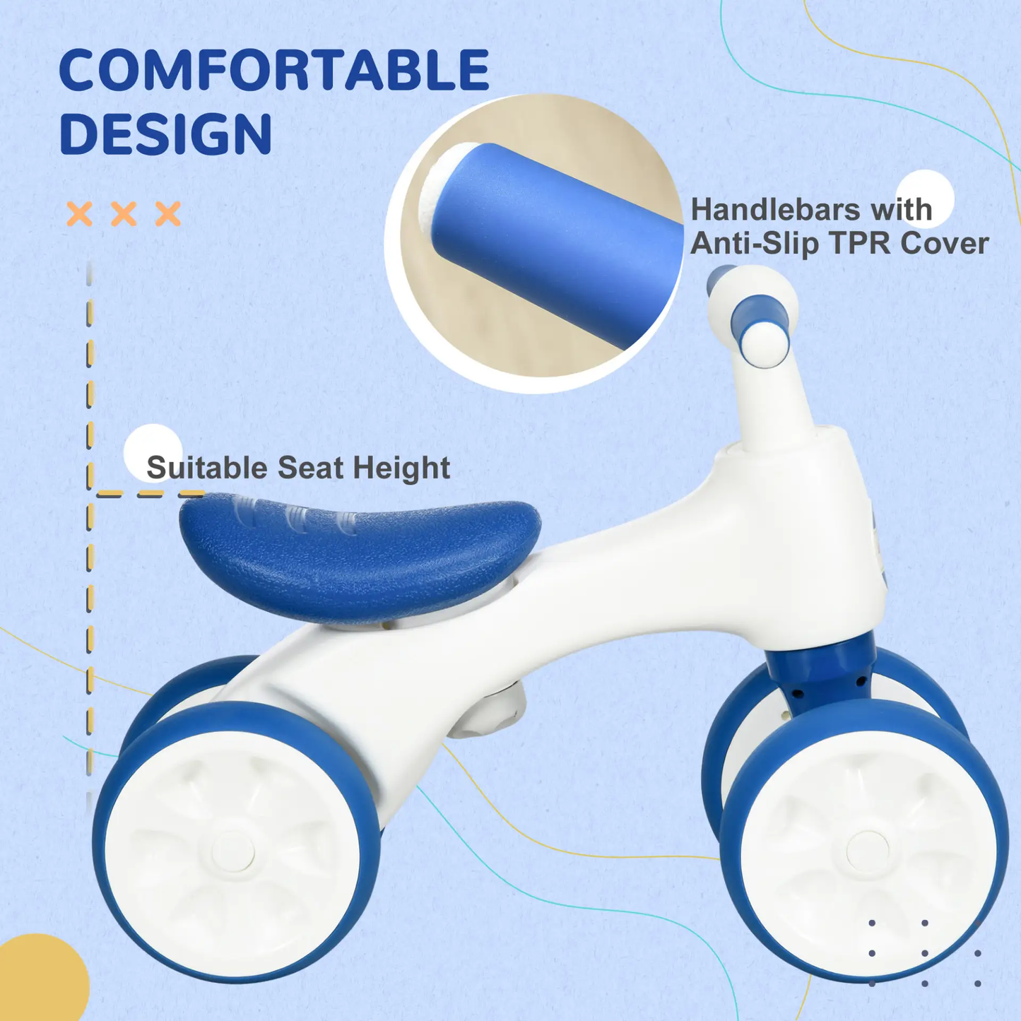 AIYAPLAY Balance Bike for Ages 18-36 Months, with Anti-Slip Handlebars, Four Wheels, No Pedal - Blue by All Mart Bristol Ltd