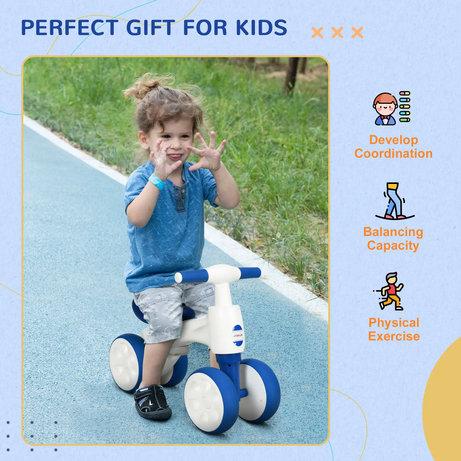 AIYAPLAY Balance Bike for Ages 18-36 Months, with Anti-Slip Handlebars, Four Wheels, No Pedal - Blue by All Mart Bristol Ltd