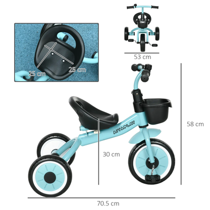 AIYAPLAY Kids Trike, Tricycle, with Adjustable Seat, Basket, Bell, for Ages 2-5 Years - Blue by All Mart Bristol Ltd