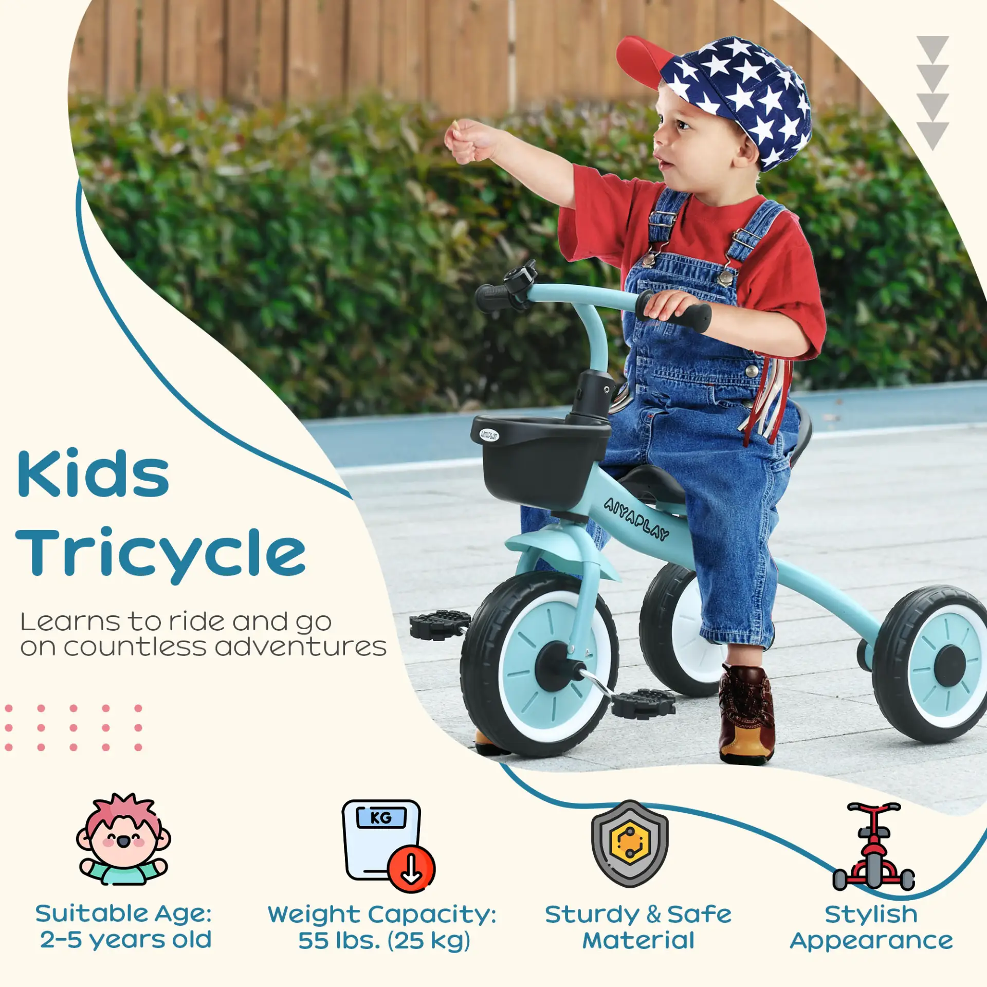 AIYAPLAY Kids Trike, Tricycle, with Adjustable Seat, Basket, Bell, for Ages 2-5 Years - Blue by All Mart Bristol Ltd