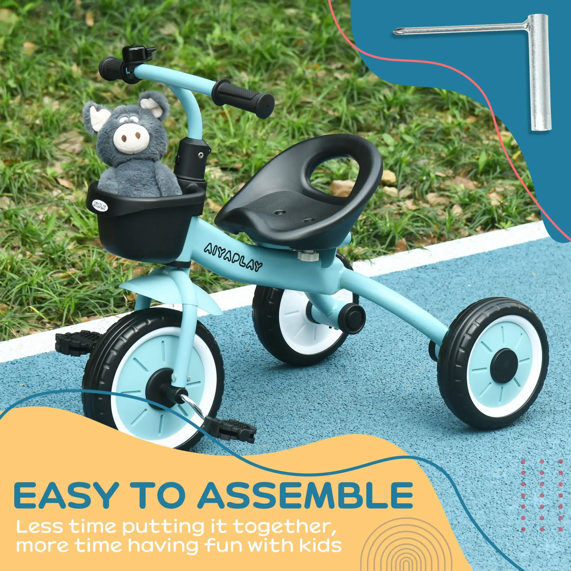 AIYAPLAY Kids Trike, Tricycle, with Adjustable Seat, Basket, Bell, for Ages 2-5 Years - Blue by All Mart Bristol Ltd
