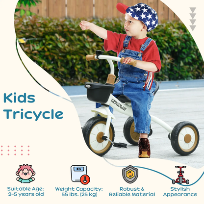 AIYAPLAY Kids Trike, Tricycle, with Adjustable Seat, Basket, Bell, for Ages 2-5 Years - White by All Mart Bristol Ltd
