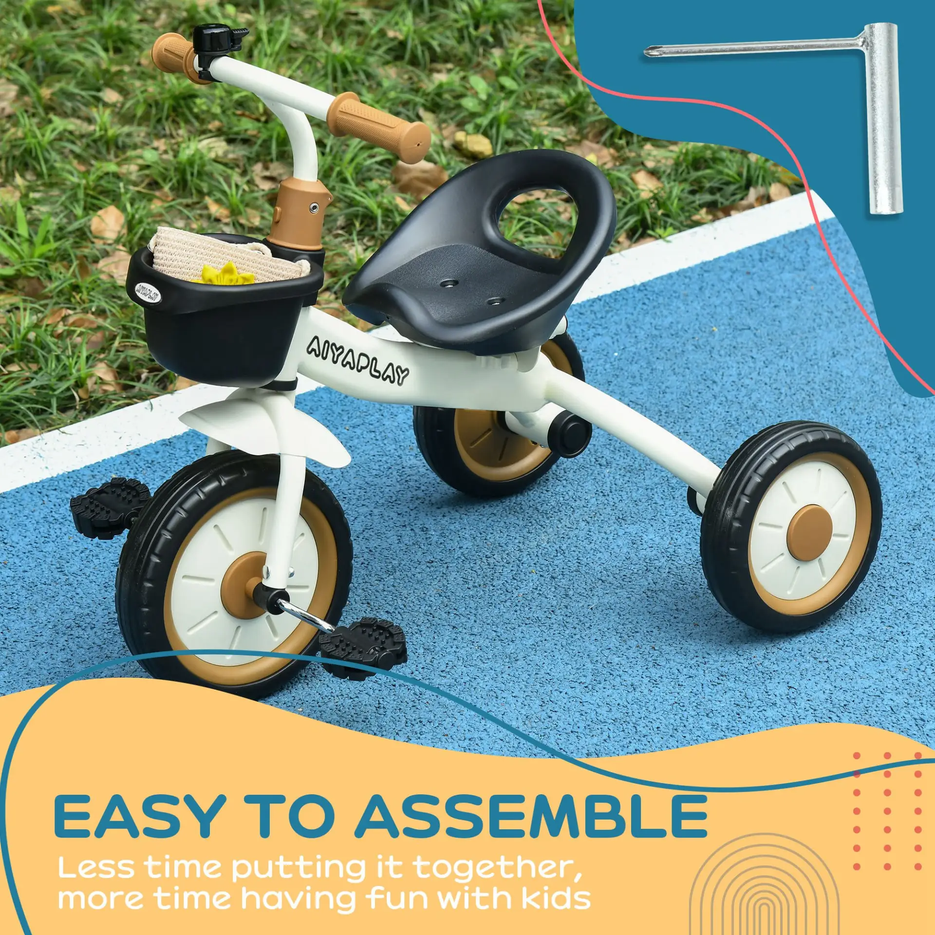 AIYAPLAY Kids Trike, Tricycle, with Adjustable Seat, Basket, Bell, for Ages 2-5 Years - White by All Mart Bristol Ltd