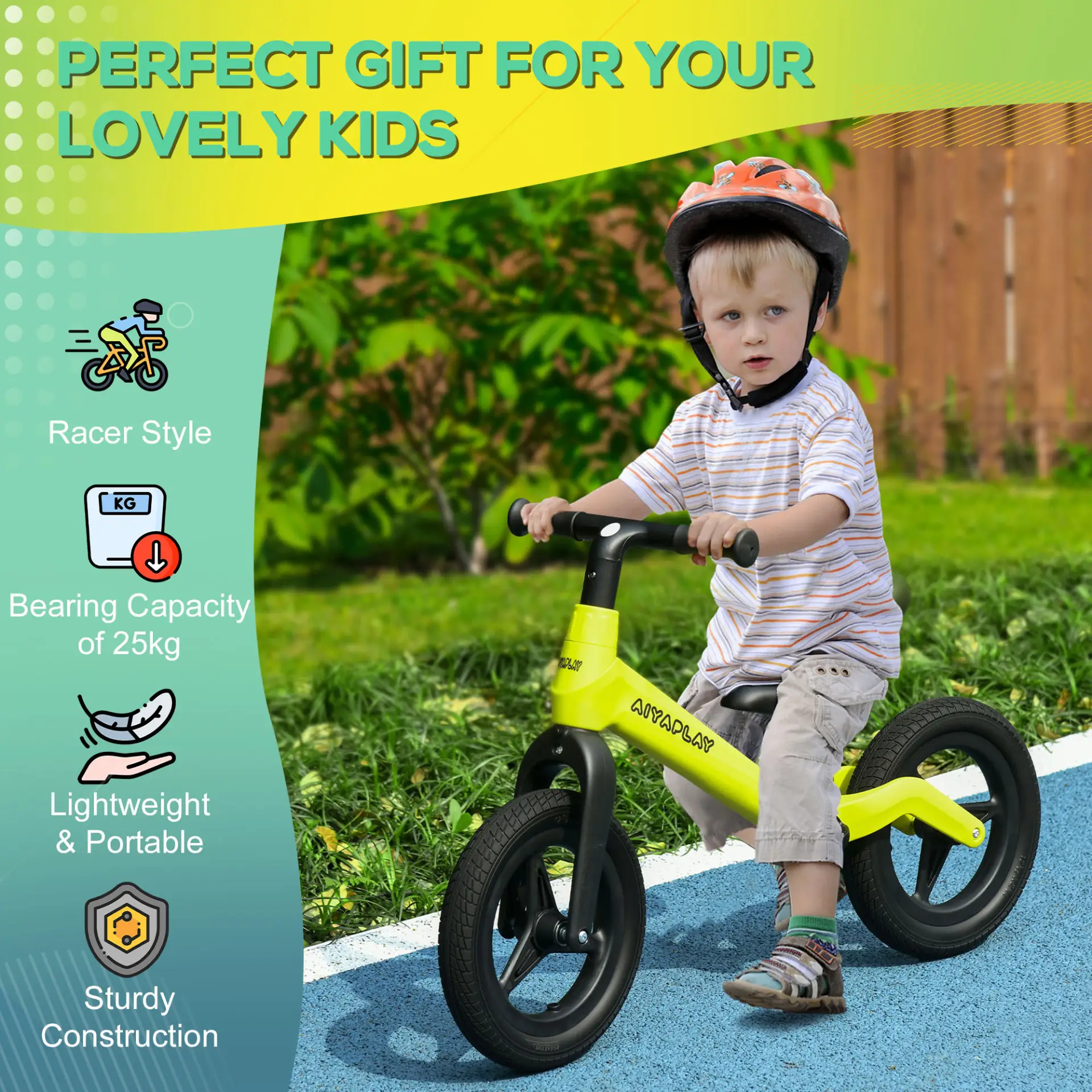 AIYAPLAY Balance Bike with Adjustable Seat and Handlebar, PU Wheels, No Pedal, for Ages 30-60 Months - Green by All Mart Bristol Ltd