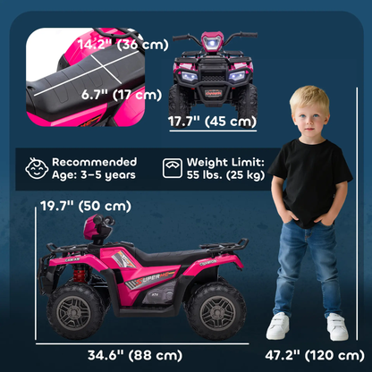 HOMCOM 12V Kids Quad Bike with Forward, Reverse Functions, Ride-On ATV w/ Music, LED, Headlights, for Ages 3-5 Years - Pink by All Mart Bristol Ltd