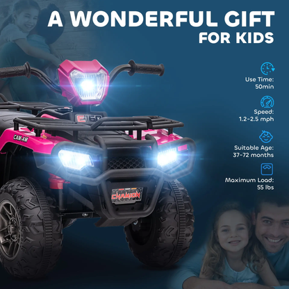 HOMCOM 12V Kids Quad Bike with Forward, Reverse Functions, Ride-On ATV w/ Music, LED, Headlights, for Ages 3-5 Years - Pink by All Mart Bristol Ltd