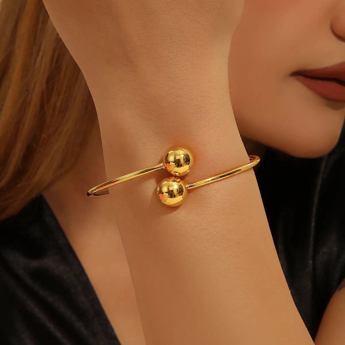 1pcs Copper Plated 18k Gold Double Headed Bead Opening Bracelet, With A Simple Temperament For Women, Suitable For Gatherings, Gifts, And Daily Wear by Dropshipman