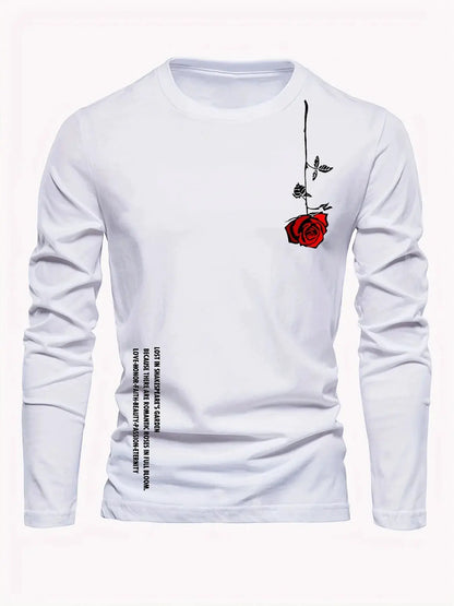100% pure cotton men's long sleeved round neck loose casual rose letter printed spring and autumn versatile T-shirt top by All Mart Bristol Ltd