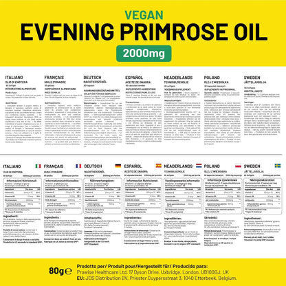 Vegan Evening Primrose Oil 2000mg with Vitamin E & B6 ? 60 Vegan Softgels| Pure Cold Pressed I 180mg GLA per Capsule I Women's Health I Premium Quality I by Prowise Healthcare by Prowise Healthcare