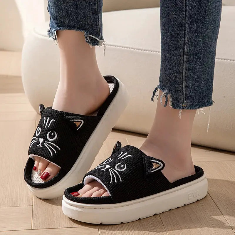 Platform Slippers Women Home Flat Spring Summer Cat Cartoon Designer Shoes Girl Trend Indoor Slides Soft Non-Slip Floor Open Toe by All Mart Bristol Ltd