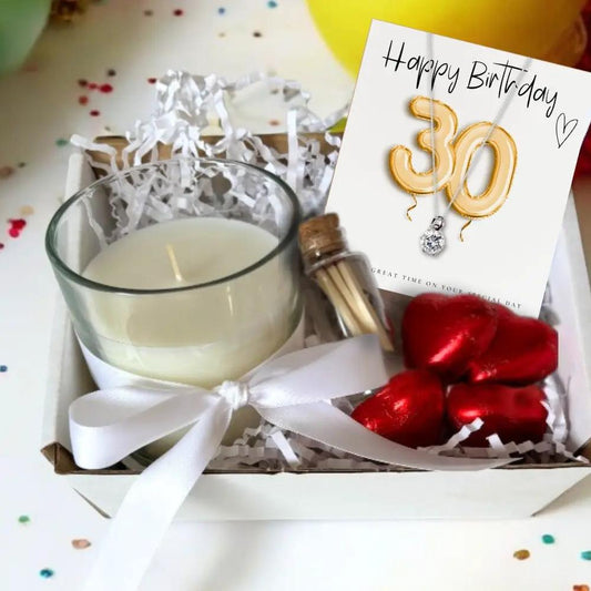 Small 30th Birthday Gold Balloons Gift Hamper - Cubic Zirconia Charm Necklace, Chocolates & Candle by Aye Do Gifts
