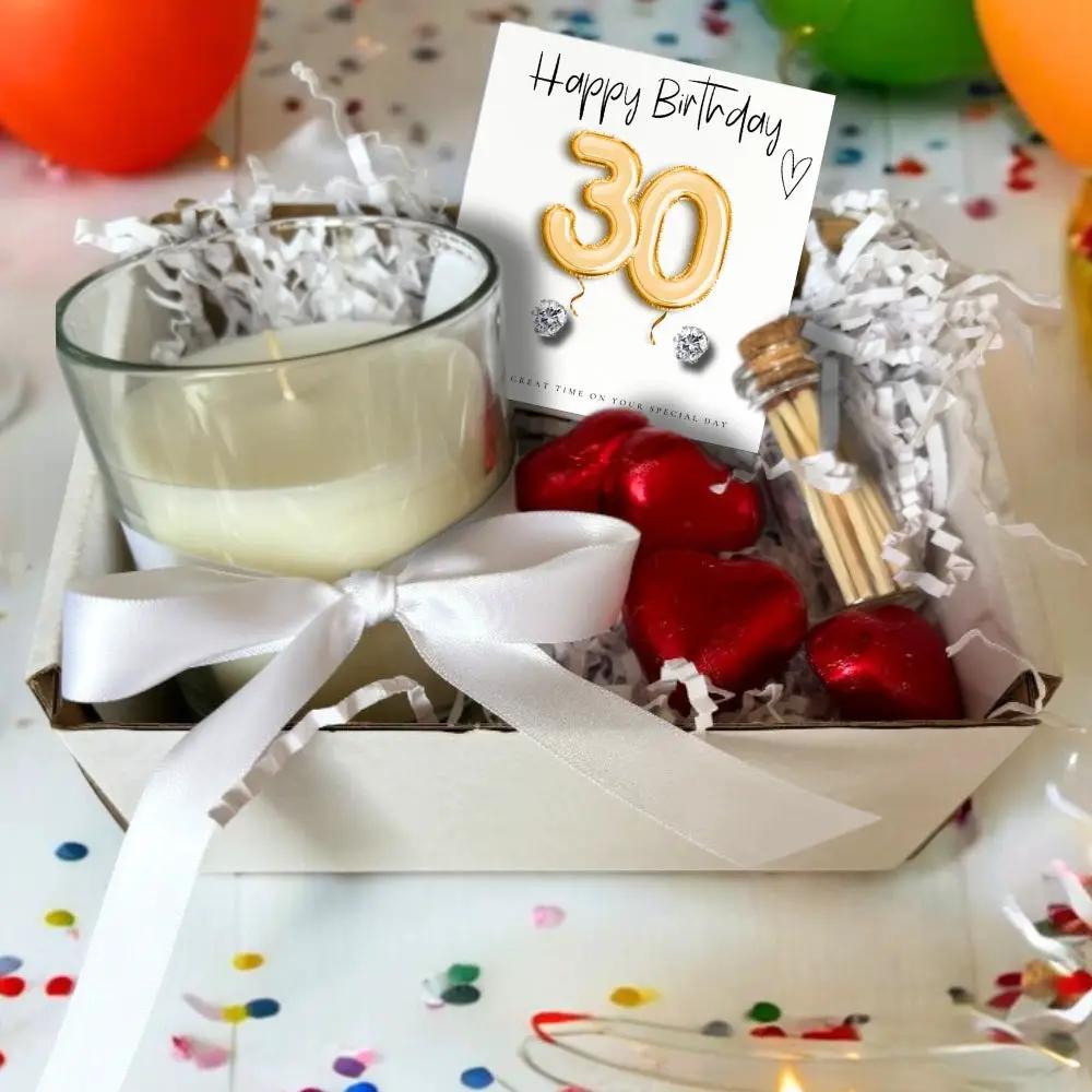 Small 30th Birthday Gold Balloons Gift Hamper - Cubic Zirconia Earrings, Chocolates & Candle by Aye Do Gifts