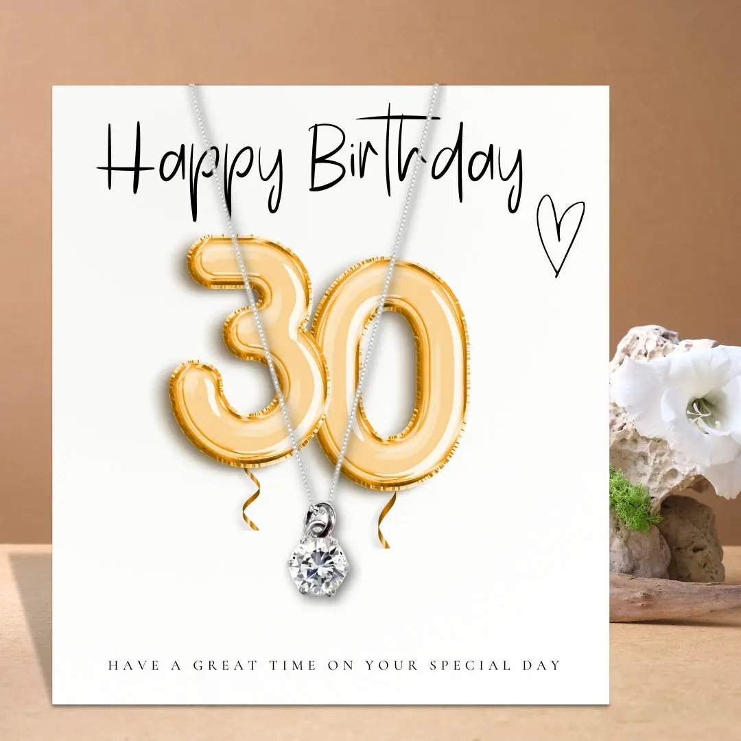 Small 30th Birthday Gold Balloons Gift Hamper - Cubic Zirconia Charm Necklace, Chocolates & Candle by Aye Do Gifts