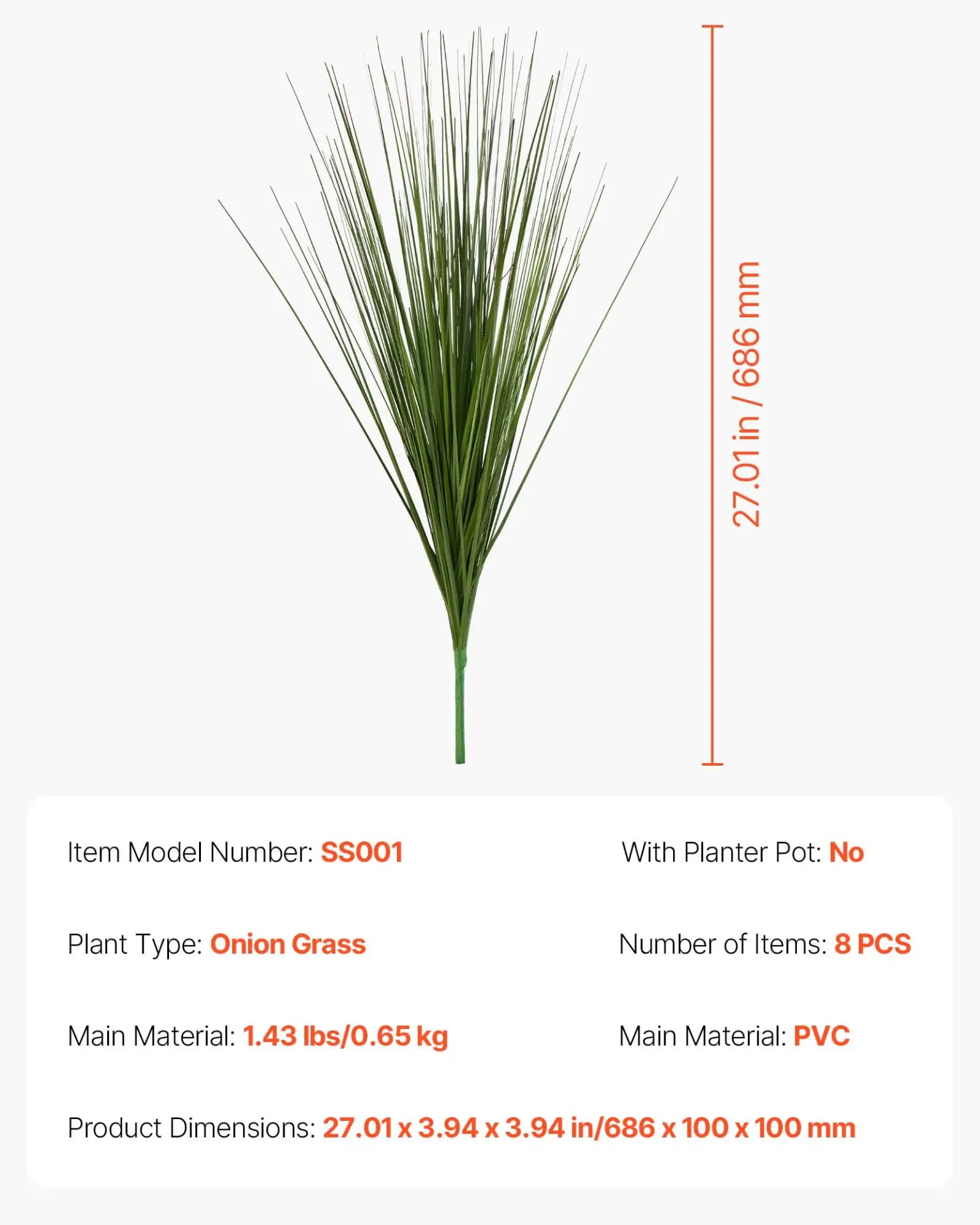 VEVOR Artificial Grass Plant, 686mm Faux Onion Grass Fake Greenery Shrubs Plant, Premium PVC for Indoor Outdoor House Home Garden Office Room Décor, Housewarming, 8 Pack Green by All Mart Bristol Ltd