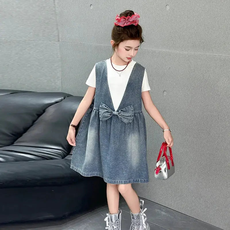 Kids Fashion Reversible Clothes Loose Fit Sleeveless Denim Vest Dress with Bow for Teens Girl Street Outfit Child Jeans Dress by All Mart Bristol Ltd