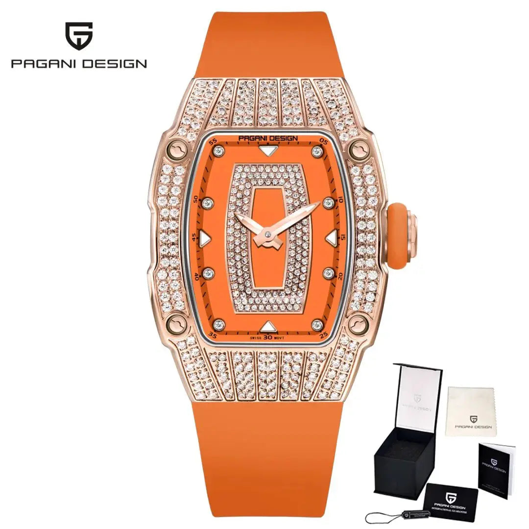 PAGANI DESIGN Top Luxury Diamond encrusted Women's Watch Fashion RubberWaterproof LuminousWine Bucket Case Women'sWatch+Gift Box by All Mart Bristol Ltd