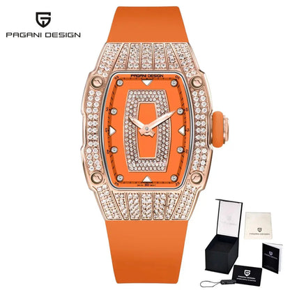 PAGANI DESIGN Top Luxury Diamond encrusted Women's Watch Fashion RubberWaterproof LuminousWine Bucket Case Women'sWatch+Gift Box by All Mart Bristol Ltd