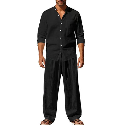 2026 Four Seasons Linen Men's Casual Loose Breathable Long Sleeve Pants Shirt Set by All Mart Bristol Ltd