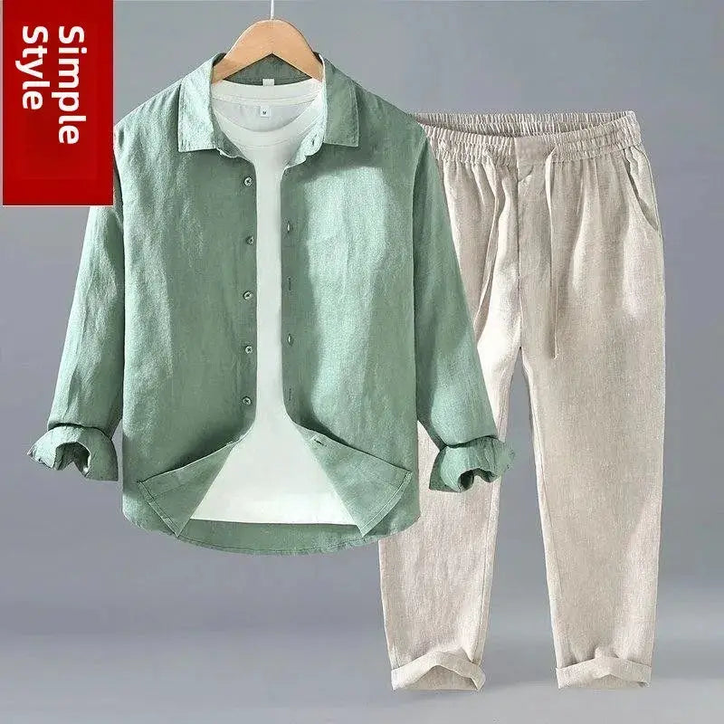 Men's Long Sleeve Linen Shirt Casual Summer New Style Drapey Cotton Linen Shirt Pure Color Pants Youth Fashion Clothing by All Mart Bristol Ltd