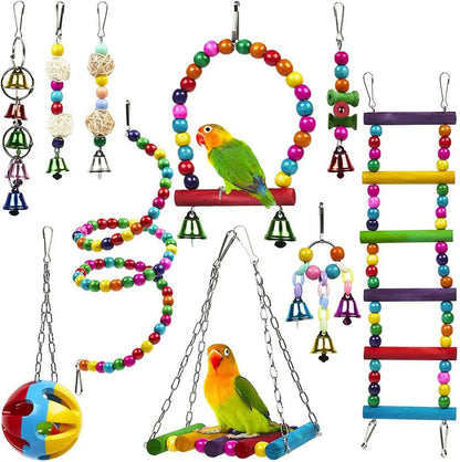 Parrot Combination Toy 10-Piece Set Wooden Bead Rotating Ladder Swing Stand Wooden Ladder Sepak Takraw Chewing Toy by Dropshipman