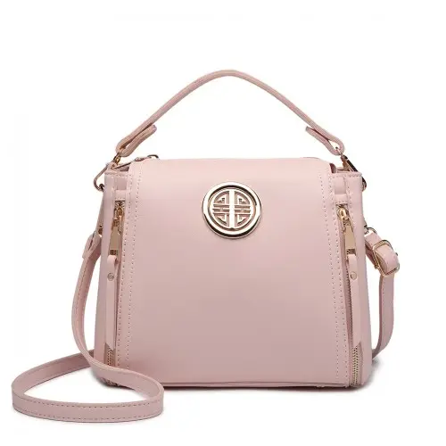 E1851 - Miss Lulu Leather Look Dual Zipped Handbag - Pink by All Mart Bristol Ltd