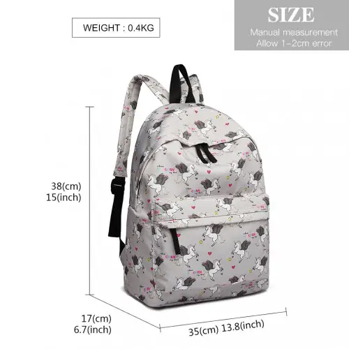 E1401 UN - Miss Lulu Large Backpack Unicorn Print - Grey by All Mart Bristol Ltd