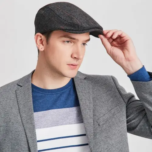 CAP-1 - Men's Newsboy Baker Boy Herringbone Flat Cap Hat - Black by All Mart Bristol Ltd