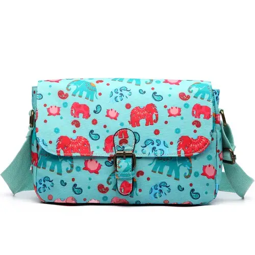 E1656 - Miss Lulu Matte Oilcloth Medium Elephant Print Satchel Light Blue by All Mart Bristol Ltd