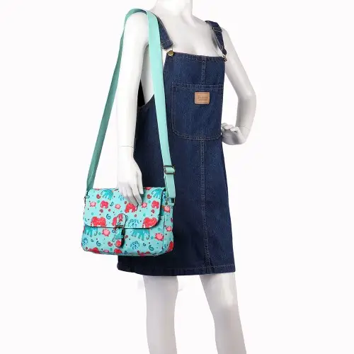 E1656 - Miss Lulu Matte Oilcloth Medium Elephant Print Satchel Light Blue by All Mart Bristol Ltd