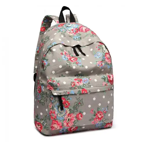 E1401F - Miss Lulu Large Backpack Flower Polka Dot - Grey by All Mart Bristol Ltd