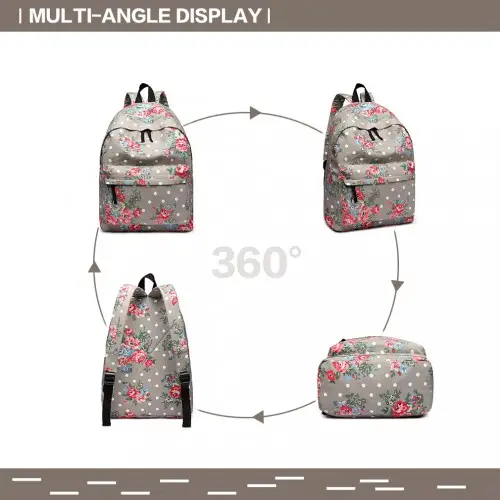 E1401F - Miss Lulu Large Backpack Flower Polka Dot - Grey by All Mart Bristol Ltd