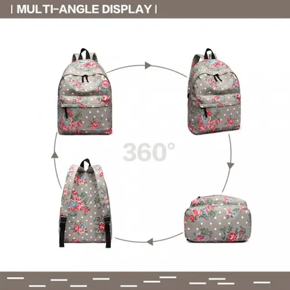 E1401F - Miss Lulu Large Backpack Flower Polka Dot - Grey by All Mart Bristol Ltd