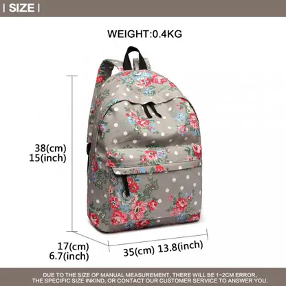 E1401F - Miss Lulu Large Backpack Flower Polka Dot - Grey by All Mart Bristol Ltd