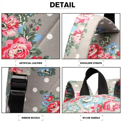 E1401F - Miss Lulu Large Backpack Flower Polka Dot - Grey by All Mart Bristol Ltd
