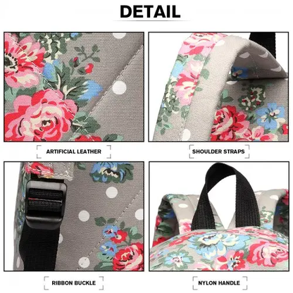 E1401F - Miss Lulu Large Backpack Flower Polka Dot - Grey by All Mart Bristol Ltd