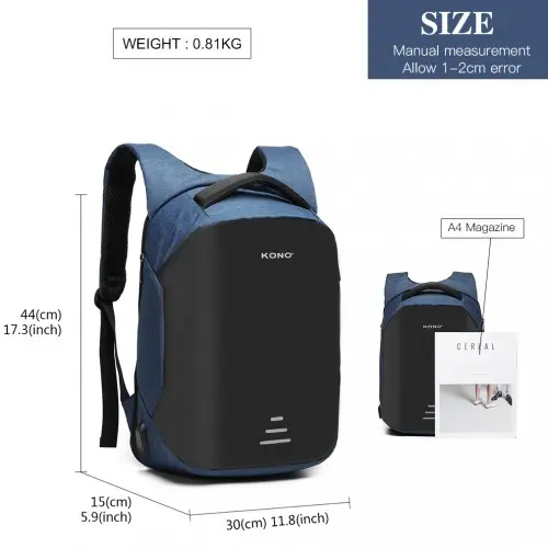 E1946 - KONO REFLECTIVE USB CHARGING INTERFACE BACKPACK - NAVY by All Mart Bristol Ltd