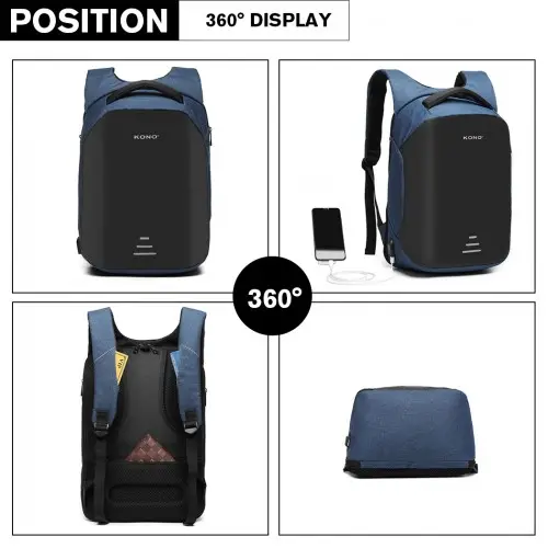 E1946 - KONO REFLECTIVE USB CHARGING INTERFACE BACKPACK - NAVY by All Mart Bristol Ltd