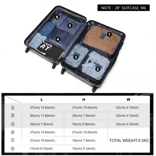 E6874-1 - Kono 6 Piece Polyester Travel Luggage Organiser Bag Set - Navy by All Mart Bristol Ltd