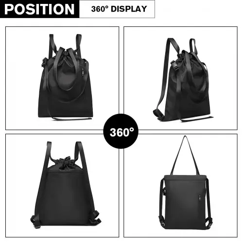 E6912 - Kono Nylon Multi Way Drawstring Backpack Shoulder Bag - Black by All Mart Bristol Ltd