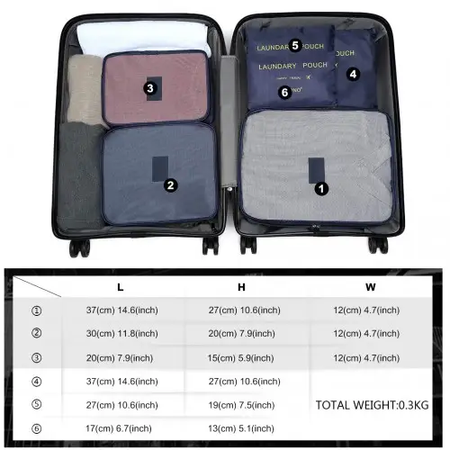 E2015 - Kono 6 Piece Polyester Travel Luggage Organiser Bag Set - Navy Blue by All Mart Bristol Ltd