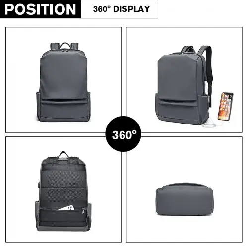 E6913 - Kono Water Resistant Travel Backpack with USB Charging Port - Grey by All Mart Bristol Ltd