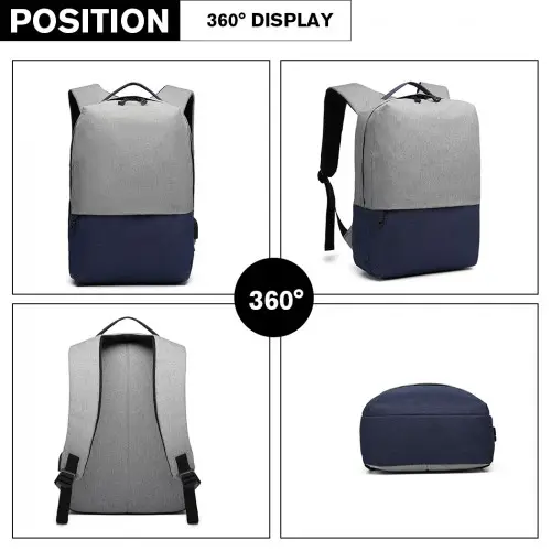E6891 - Kono Waterproof Basic Backpack with USB Charging Port - Grey/Blue by All Mart Bristol Ltd