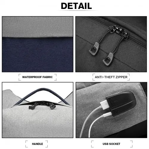 E6891 - Kono Waterproof Basic Backpack with USB Charging Port - Grey/Blue by All Mart Bristol Ltd