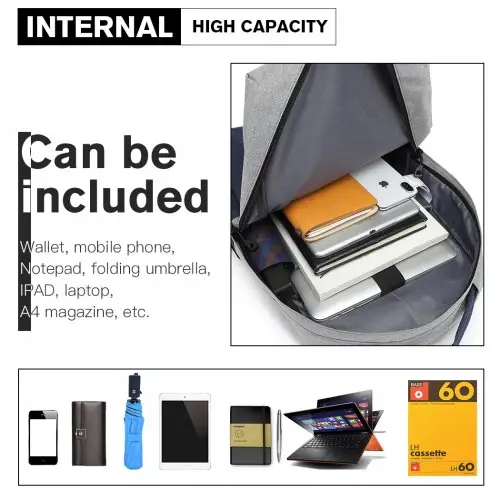 E6891 - Kono Waterproof Basic Backpack with USB Charging Port - Grey/Blue by All Mart Bristol Ltd